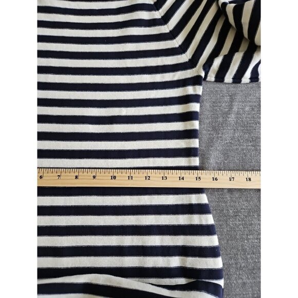 Eliza J Dress M Navy White Striped SS Bodycon Reverse Knit Midi Stretch Nautical - Picture 4 of 13